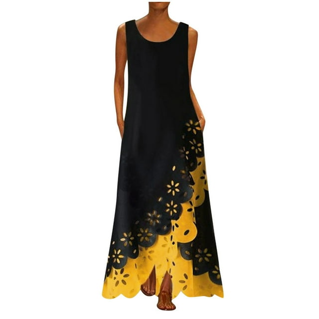 Babysbule Liquidation Robes d'Été pour Femmes, Robe Longue Maxi Sans Manches à Imprimé à Col Rond pour Femmes, Robe Chemise de Plage