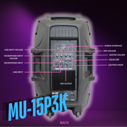 MUSYSIC MU‑15P3K Professional 15 Powered Speaker – 3000W Peak, Bluetooth, USB, SD Card, FM Radio, Dual Mic Inputs, LED Light, Remote Control