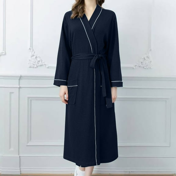 Azrian Womens Pajamas Clearance,Womens Solid Bandage Robe Bathrobe Gown Pajamas Long Sleepwear Pocket Waistband Belts M Size,Navy on Sale