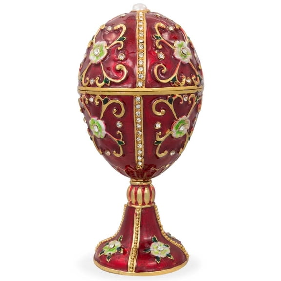 Green Flowers on Red Enamel Royal Inspired Imperial Metal Easter Egg