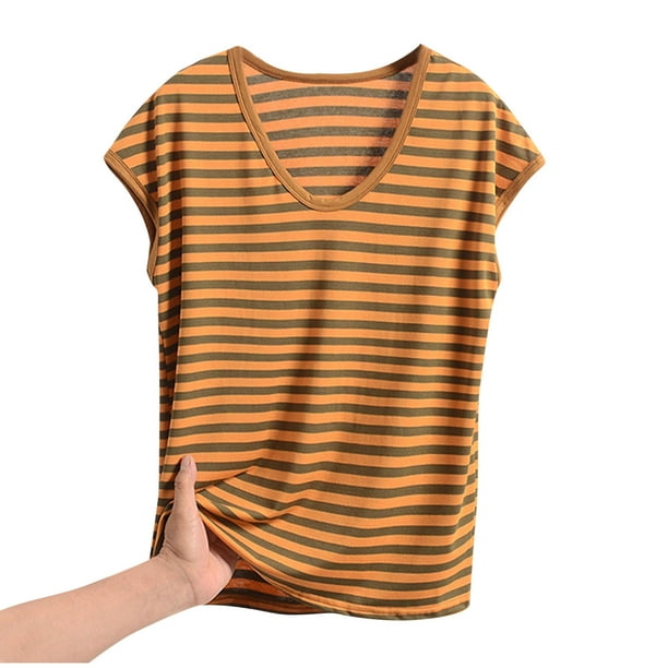 Pijama de manga corta para mujer, informal, holgado, a rayas, con cuello redondo, de verano, fino, de poliéster