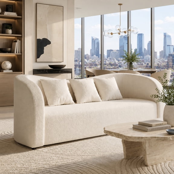 91" Sherpa Fabric Sofa, Modern Comfy Couch with 3 Throw Pillows, Solid Wood Frame, Fully Assembled Living Room Sofa for Home or Apartment