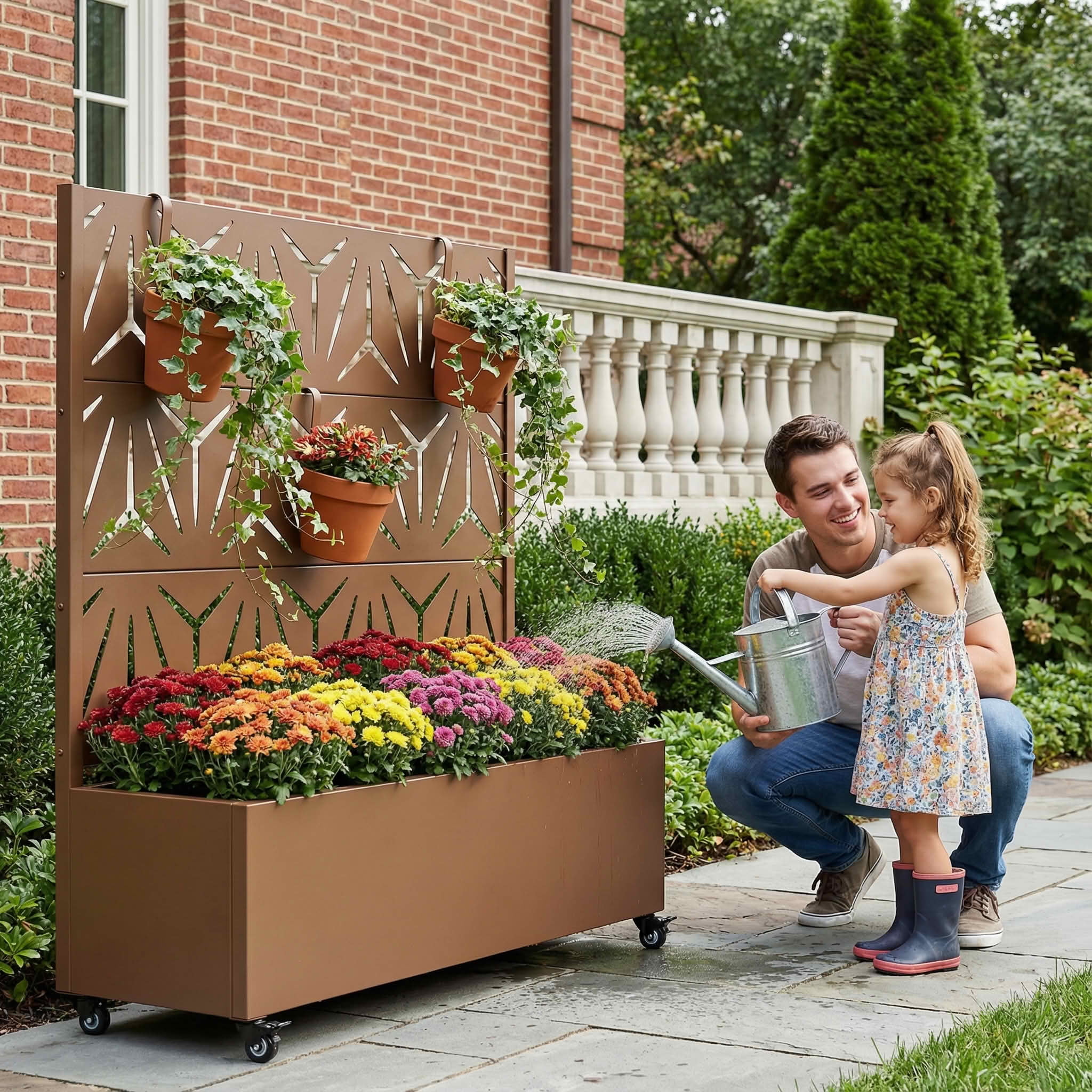 MAYEERTY 47X47" Metal Outdoor Brown Privacy Screen with Planter Box for Backyard & Garden, 3 Piece Set