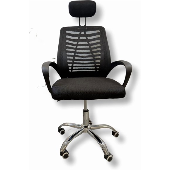 Blackbox Silla de Oficina Ergonómica Negra con Cabecera Ajustable, Respaldo de Malla Transpirable, Altura Regulable, Base Metálica Cromada y Ruedas Giratorias para Home Office y Oficina