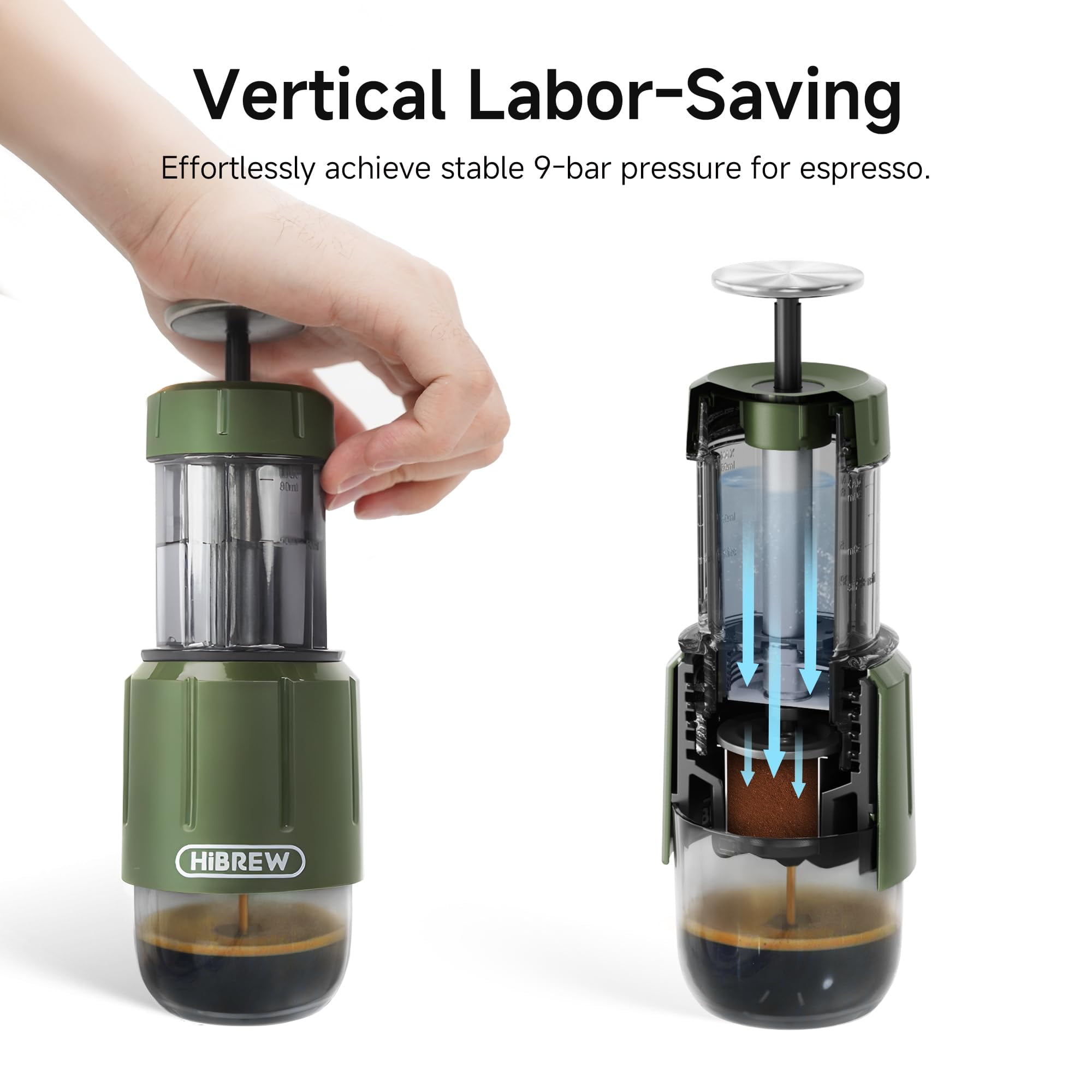 HiBREW H4D Manual Espresso Maker, Portable Hand-Pump Coffee Machine with Cup, Compatible with Ground Coffee & Nes Pods