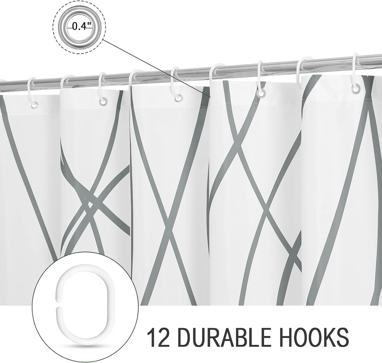 Extra Long Shower Curtain 72 x 84, Grey White Striped Fabric Shower Curtain, Modern Minimalist Bathroom Curtain Shower Set with Hooks