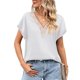 thumbnail image 1 of Top de manga de murciélago corta con cuello en V, ribete de encaje satinado, elegante, transpirable, suelto, Top de verano para mujer para el trabajo, blanco L, 1 of 6