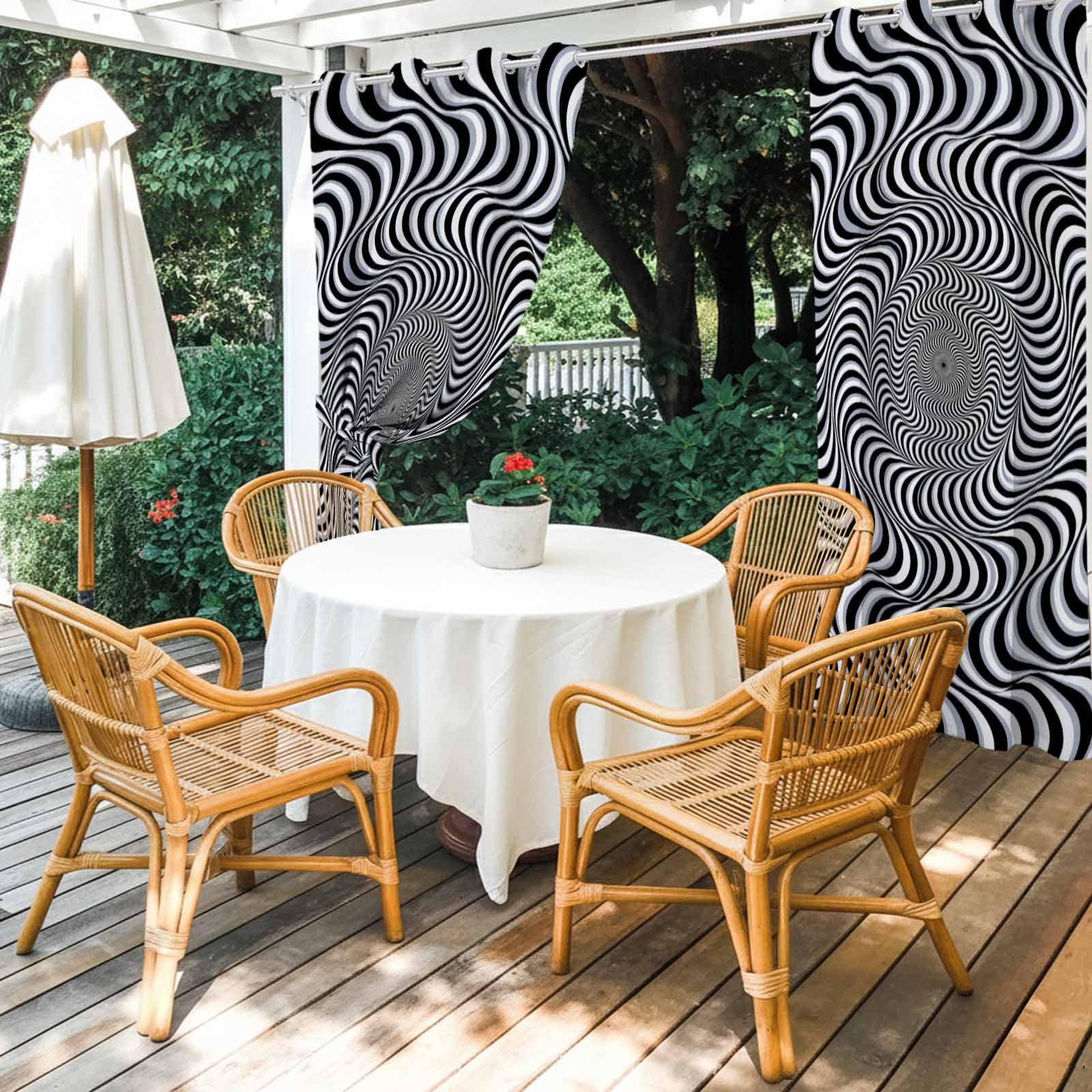 VortexLines Outdoor Curtains for Patio, Modern Abstract Black and White Optical Spiral Dynamic Lines Sunshade Privacy Drapes Grommet Waterproof Outside Curtains for Porch Balcony 54"x108", 1 Panel