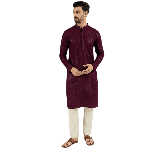 DWEEP SARA Mens Burgundy Viscose Rayon Resham Dhaga Sequence Solid Embroidered Long Straight Kurta and pant For Men, 40
