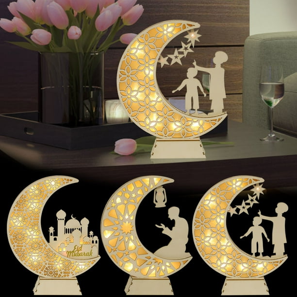 Fiudx Luz Nocturna de Ramadán, Diseño de Estrella Led, Lámpara de Mesa de Madera, Divertida de Armar, Decoración para Fiestas, Festival de Eid Mubarak, Material Ecológico, Requiere 2 Pilas Aaa.
