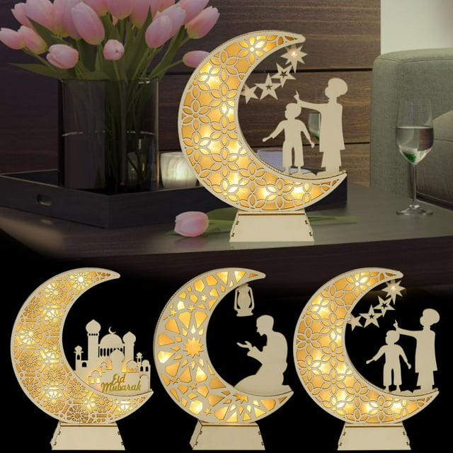 Xihbxyly Luz Nocturna de Ramadán, Diseño de Estrella Led, Lámpara de Mesa de Madera, Divertida de Armar, Decoración para Fiestas, Festival de Eid Mubarak, Material Ecológico, Requiere 2 Pilas Aaa.