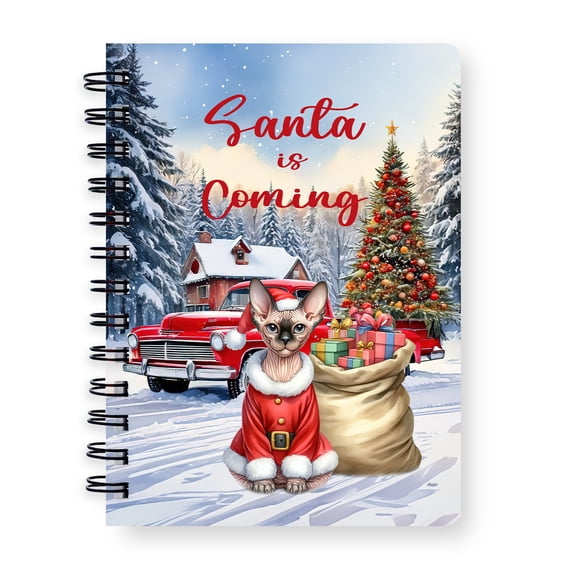 Santa is Coming Sphynx Merry Christmas Xmas Noel Truck Tree Spiral Bound Journal Cat Lover Kitten Owner Gifts Idea 5x7in Spiral Notebook - 02023