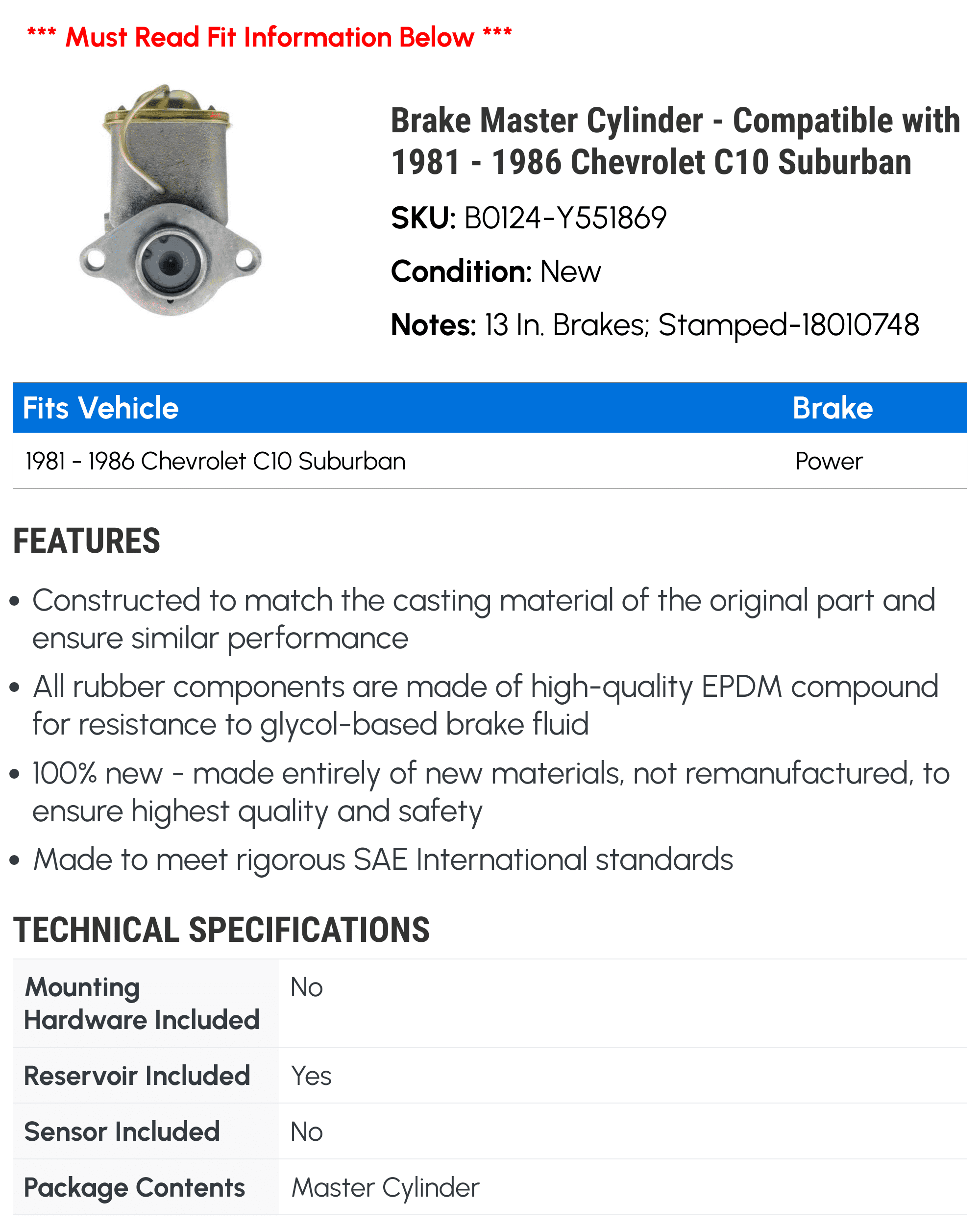 Brake Master Cylinder - Compatible with 1981 - 1986 Chevrolet C10 Suburban - Dorman