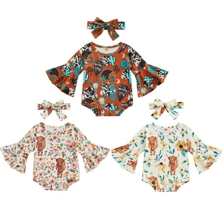 

2Pcs Infant Outfit Baby Girls Romper+Headband Newborn Bodysuit Floral Print Jumpsuit Long Flared Sleeve Cute Playsuit Set 0-24M