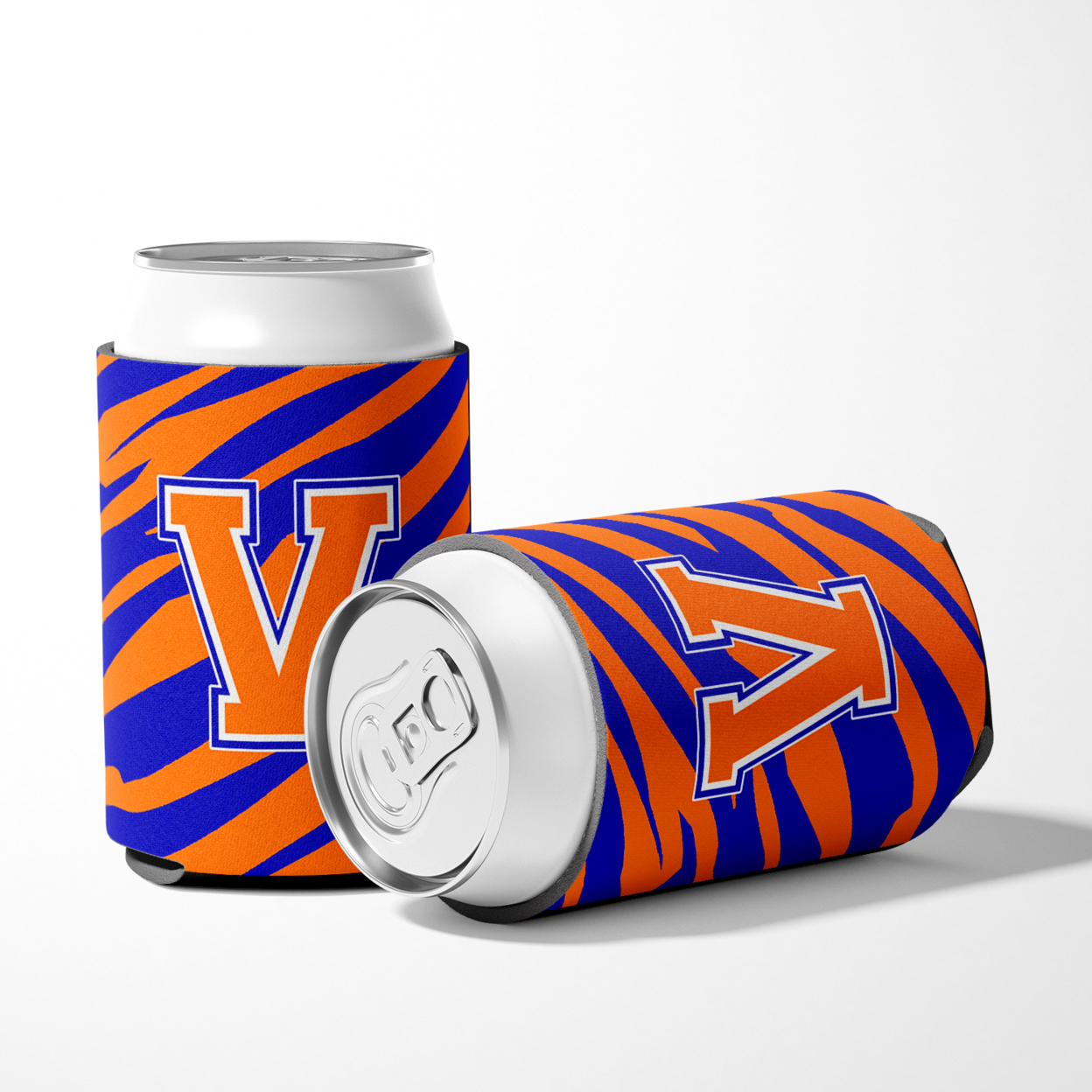 Letter V Initial Tiger Stripe - Blue Orange  Can or Bottle Hugger