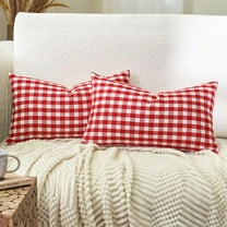 Rustic Christmas Decor Red Gingham Plaid Lumbar Pillow Covers 12x20 Set of 2, Red and White Buffalo Check Lumbar Pillows 12 x 20, Red Christmas Outdoor Pillow Covers for Patio Furniture
