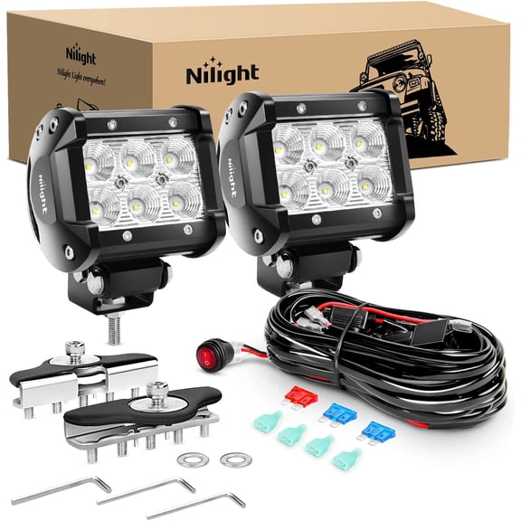 Nilight 2PCS 4Inch 18W Flood LED Pods Universal Adjustable Pillar Hood Off Road Led Work Light with Mount Bracket Wiring Harness-2 Leads