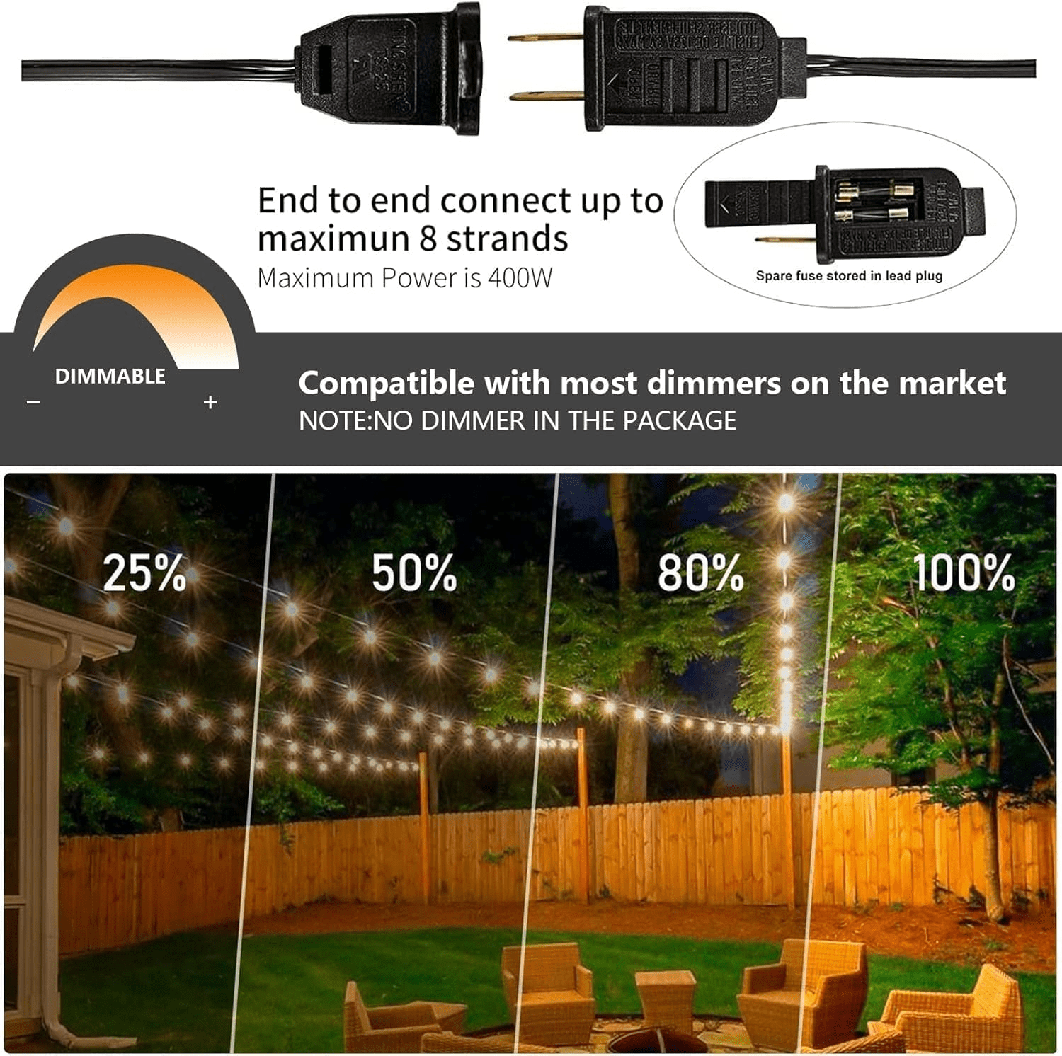 Yuucio Outdoor String Lights 100ft, G40 Led Patio Lights with 52pcs Bulbs,Waterproof Shatterproof Dimmable Hanging