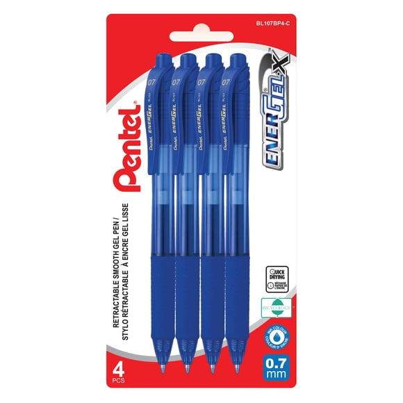 EnerGel-X Rétractable Stylo à Encre Gel, (0,7mm) Pointe en Métal, Sur Carte 4PC, Encre Bleue