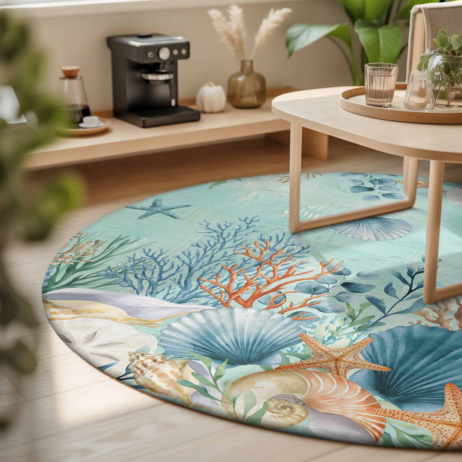 Round Area Rugs 5Ft, Teal Coastal Non-Slip Washable Circle Rugs Carpet, Summer Beach Starfish Shell Coral Nautical Indoor Outdoor Rug Floor Mats Throw Runner for Bedroom Living Room Bathroom