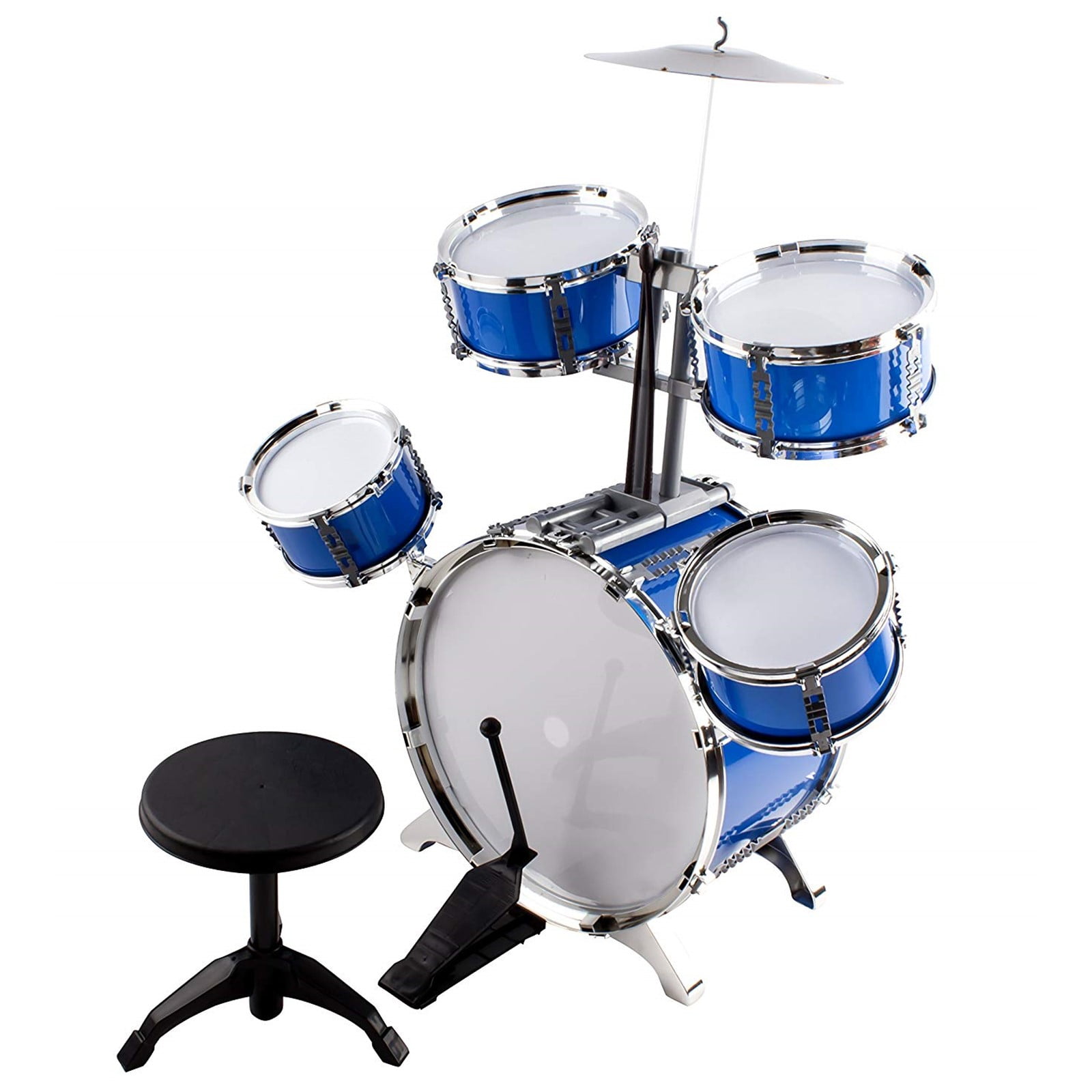 Classic Rhythm Toy Jazz Drum Set 6 Piece Kids Musical Instrument Playset With 5 Drums, Cymbal, Chair, Bass, Kick Pedal And Drumsticks A Perfect Beginner Gift For Toddlers And Small Children (Blue) -