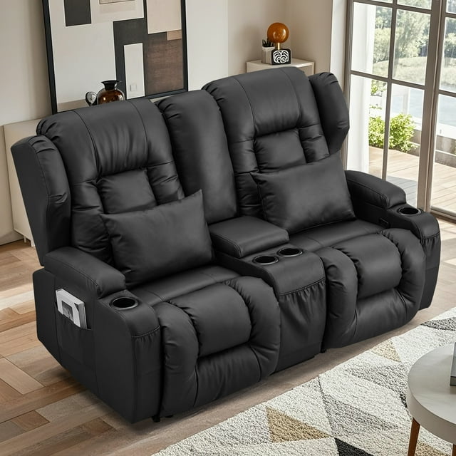 IPKIG Loveseat Recliner Sofa, Double Manual Recliner RVs Sofa with Storage Console, Side Pockets Cup Holder, Wingback Loveseat Reclining Couch for Living Room, Bedroom, RVs, Black