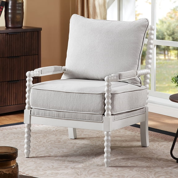 Mid Century White Spindle Accent Chair Upholstered Armchair with Thick Cushion and Wood Frame