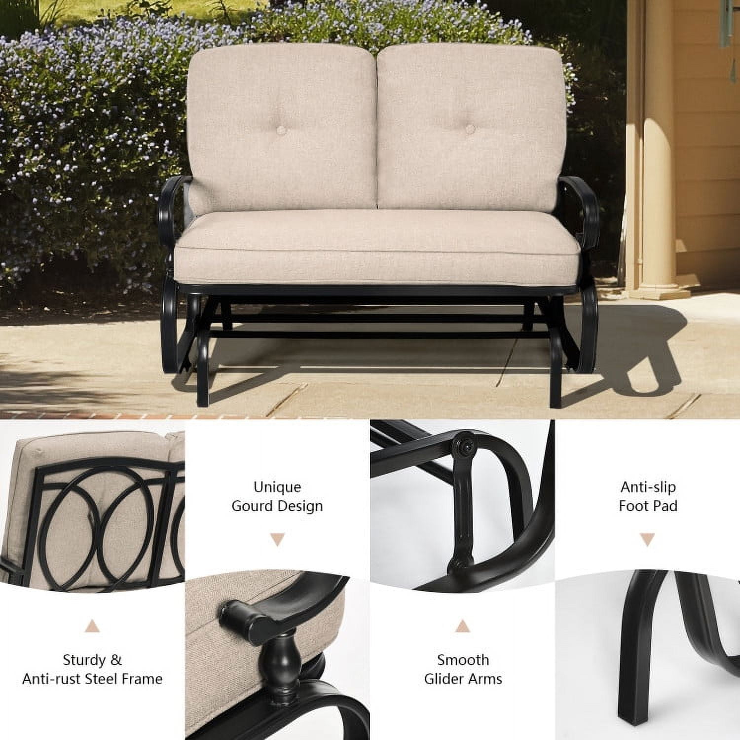 Aimee Lii Double Chair Outdoor with cushion, Patio Glider Bench, Porch, Backyard, Sturdy, Beige Aimee Lii Double Chair Outdoor with cushion, Patio Glider Bench, Porch, Backyard, Sturdy, Beige