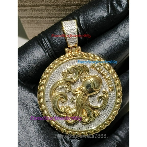 Zodiac Astrology Birth Sign 'Aquarius' Water Horoscope Moissanite Pendant 14K Yellow Gold Plated, Gift for Unisex