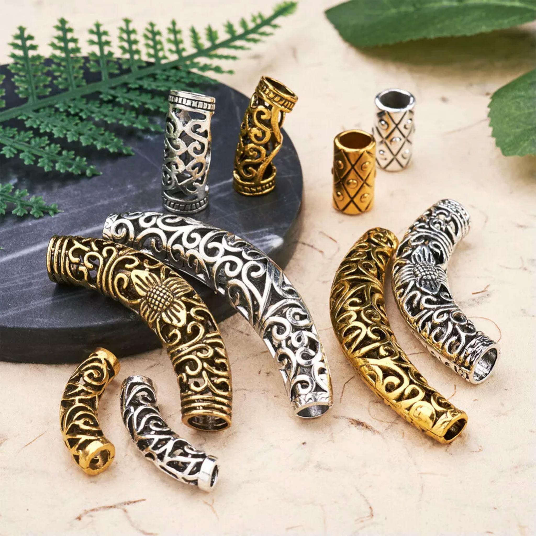 U8MO 40pc Tibetan Silver Alloy Curved Tube Beads Long Curved Tube Noodle Beads 7~64mm
