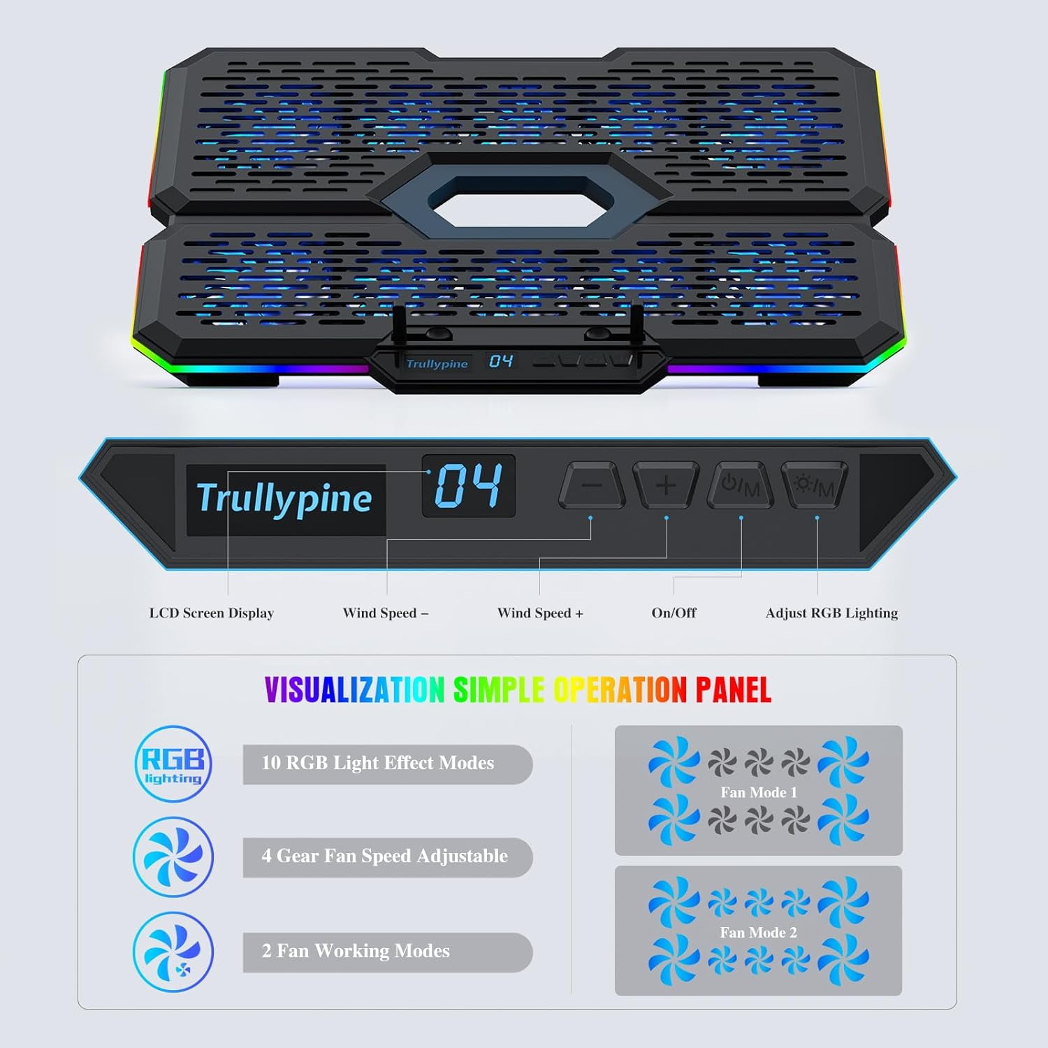 Laptop Cooling Pad, Gaming Cooler with 10 Quiet Fans, Height Adjustable Stand for 12"-17" Laptops, RGB Lights Fan 2 USB Port and Phone