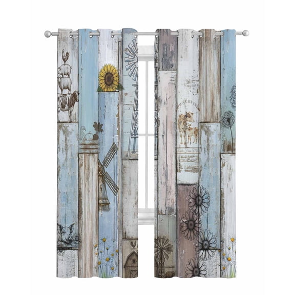 Blue Grey Wooden Sheer Curtains 84 Inch Length 2 Panels Set for Living Room/Bedroom, Farmhouse Barn Sunflowers Retro Kitchen Curtains Grommet Semi-Sheer Curtains Drapes Window Treatments 42"x84"x2