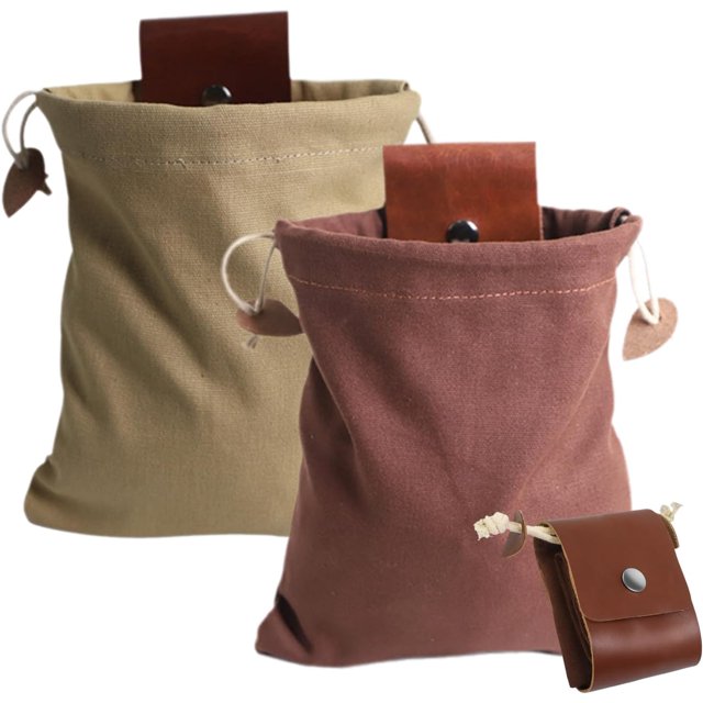Foraging Bag, Belt Bag, Handmade Cowhide Canvas Foraging Bag, Haversack Bushcraft Bag Storage Folding Bag for Travel Camping Hiking, Leather Drawstring Bag