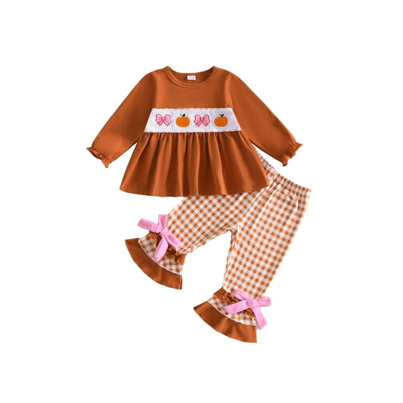 Loicainy Baby Toddler Girl Halloween Outfits 6 12 18 24 Months 2T 3T 4T Pumpkin Bow Embroidery Long Sleeve Round Neck Tops Elastic Waist Plaid Flare Pants 2 Pcs Clothes Set