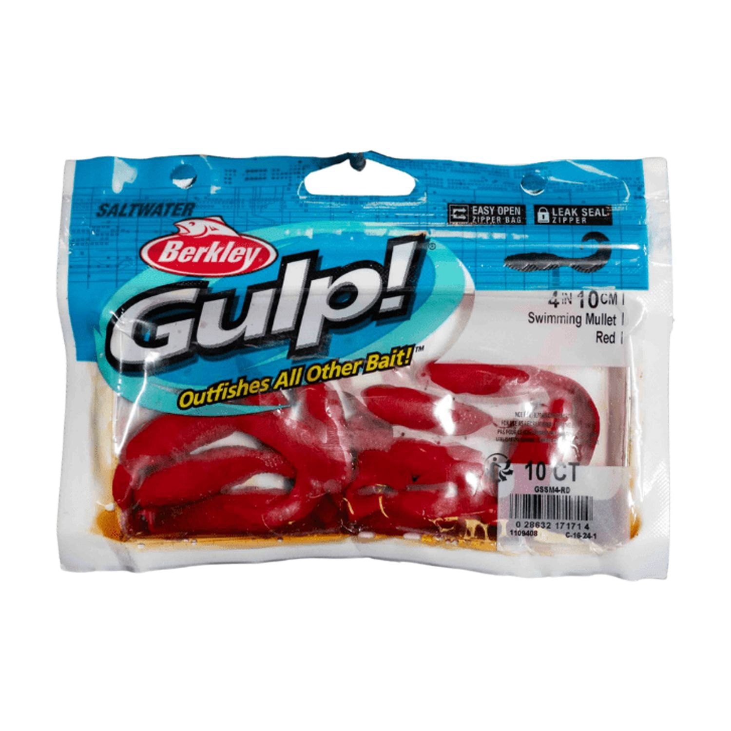(3 pack) Gulp! Swimming Mullet Soft Bait 4" Length, Red, Per 10 1109408