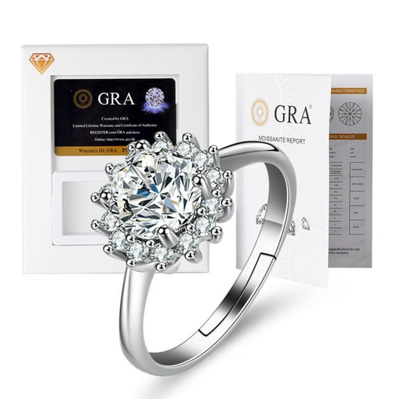 1 carat 6.5mm Moissanite Ring Shinning Flower Shape Engagement Rings White Gold Plated Silver Wedding Jewelry for Women with Adjustable Open