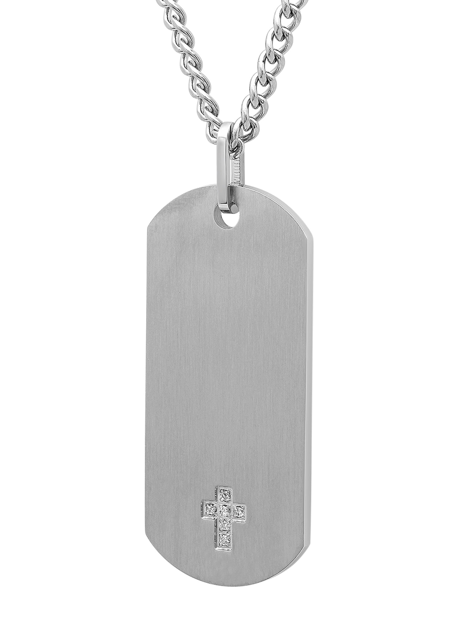 Men's Stainless Steel White Diamond Accent Cross Dog Tag