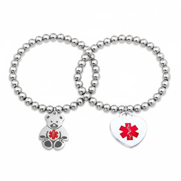 Bling Jewelry Womens Set of 2 Medical ID Bracelet Teddy Bear & Heart Charm Silver Tone Beads