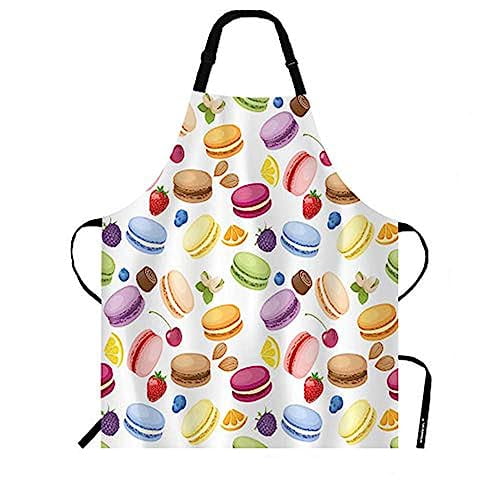 WONDERTIFY Macarons Apron,Colorful Macarons Cake and Various Fruits Bib Apron with Adjustable Neck for Men Women,Suitable for Home Kitchen Cooking Waitress Chef Grill Bistro Baking BBQ Cobbler Apron