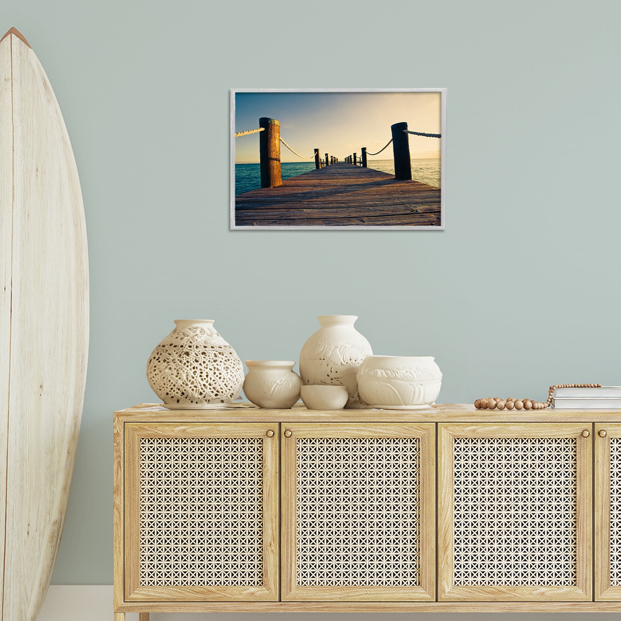 Stupell Industries Summer Coastal Dock Coastal Photography Gray Framed Art Print Wall Art, 24 x 16
