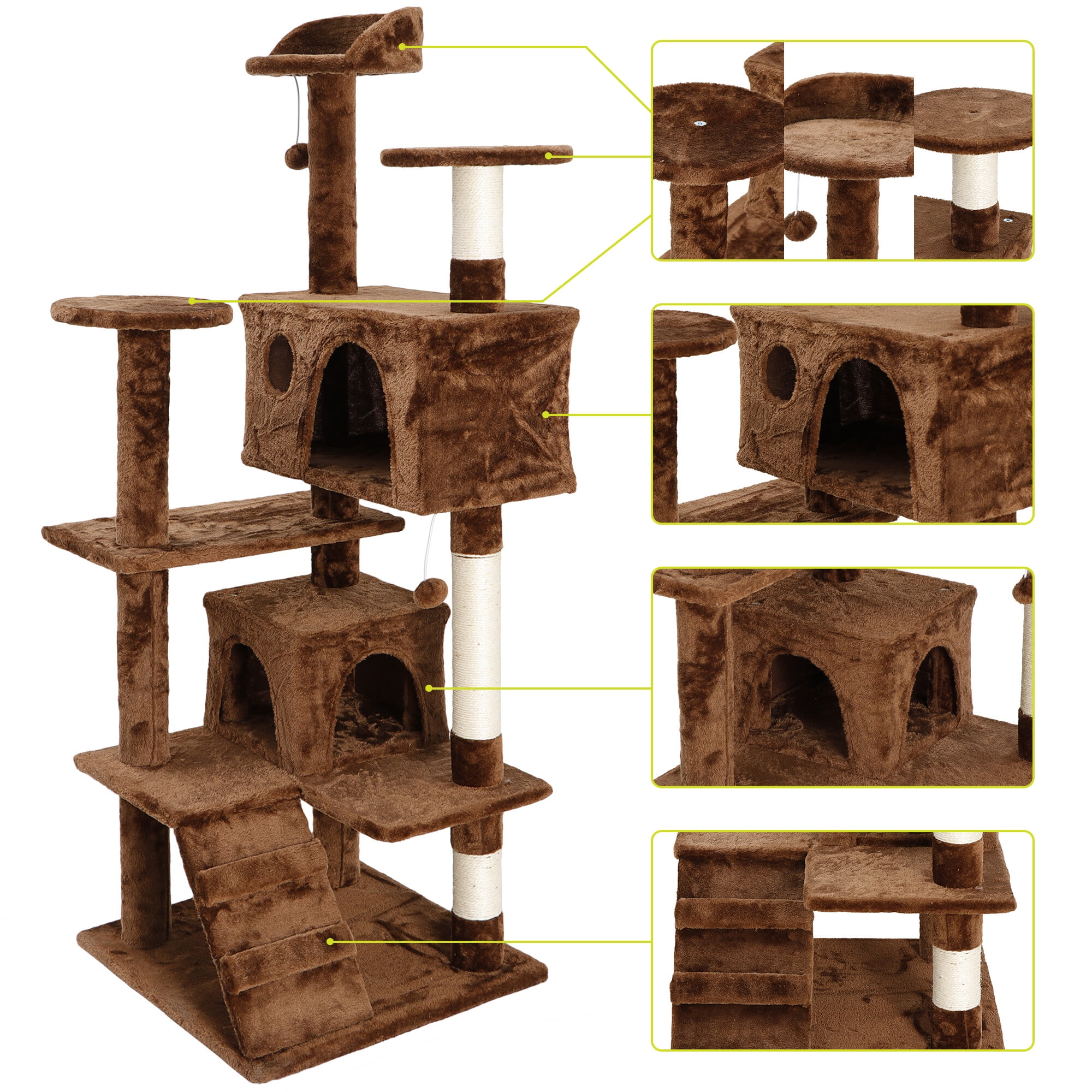 HomGarden 53'' Cat Tree Cat Tower Condo W/Scratching Posts & Plush Perch, Multi-Level Kitten Play House Brown