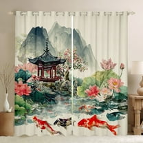 Feelyou Lake Lotus Fish Black Out Curtains, Chinese Style Garden Curtains Pack of 2 (42x63 Each), Vintage Watercolor Bedroom Curtains, Black Out Curtains Decor