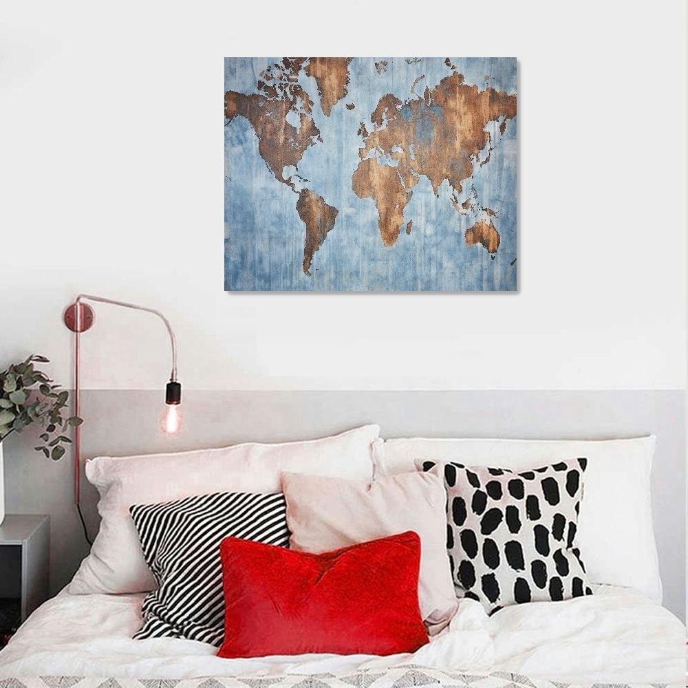 Awypu  World Map Wall Art Poster On Canvas Modern Abstract Large Painting Pictures Framed With Blue Color For Office Decor