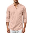 thumbnail image 6 of Awwp Men's Linen Cotton Shirt 3/4 Sleeve Stand Collar Casual Button down Shirts with Pocket Breathable Summer Shirts 8 Colors Available Vacation Beach Shirt Pink Size: M, 6 of 9