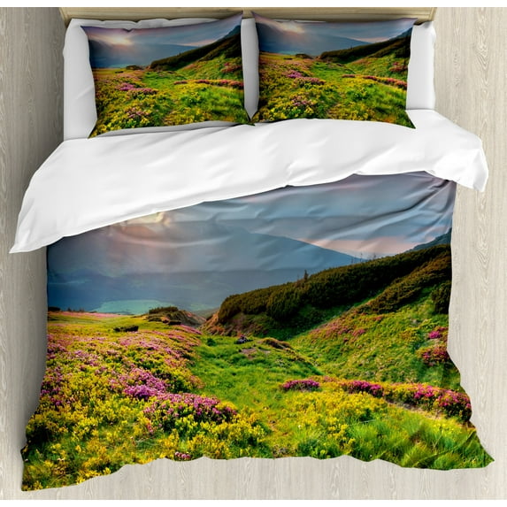 Nature Duvet Cover Set Queen Size, Summer Season Scene with Fresh Flowers Green Foliage Mountain Landscape Ukraine, Decorative 3 Piece Bedding Set with 2 Pillow Shams, Pink Green Blue, by Ambesonne