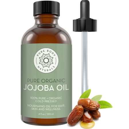 Cold Pressed Jojoba Oil - 100% Pure + Organic - Great for Hair, Skin & Nails, 4 fl.