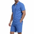 thumbnail image 6 of Havenre Men's Waffle Knit 2 Piece Outfits Summer Casual Half Zipper V Neck Collared T-Shirts and Drawstring Elastic Waist Atheltic Short Pants Set Fashion Tracksuits Blue XXXL, 6 of 10