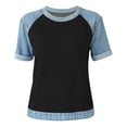 thumbnail image 5 of Helii Women's Color Block T Shirt – Raglan Sleeve T-Shirt, Crewneck Baseball Tee with Contrast Denim Sleeve, Loose Fit Soft Cotton Blend Casual T Shirts for Summer Black,L, 5 of 6