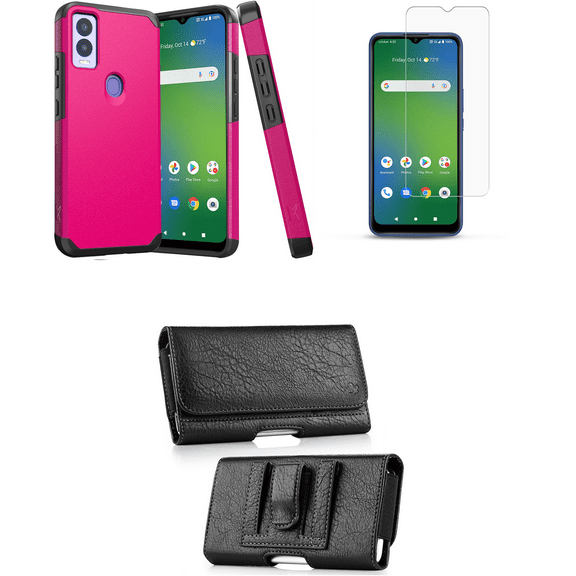MK Dual Layer Slim Case for Cricket Magic 5G with Durable Shockproof Magnetic Back Protection Cover, Glass Screen Protector and Horizontal PU Leather Wallet Belt Holster Pouch (Hot Pink)