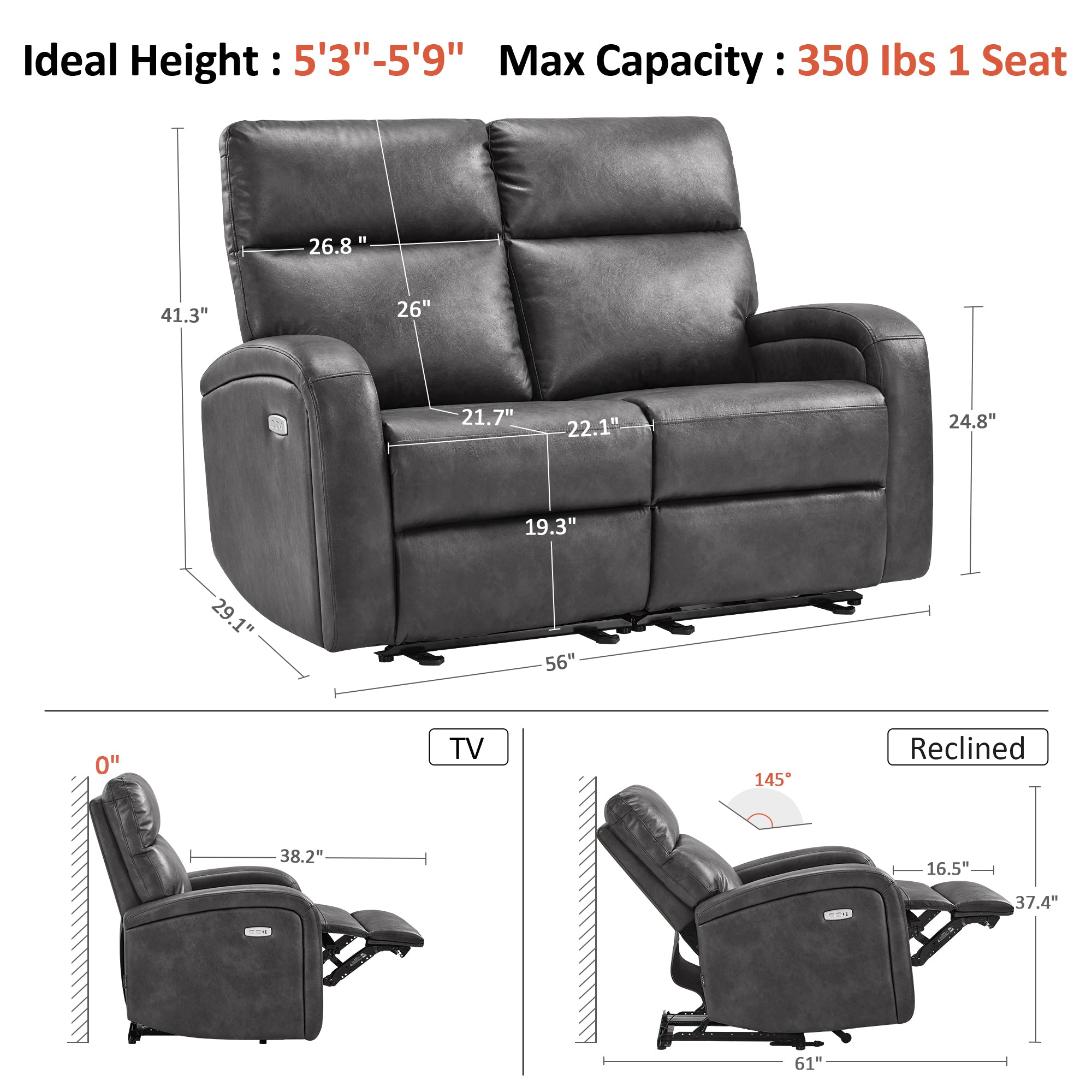MCombo 56" Zero Wall Hugger Power Recliner Loveseat Sofa for Small Space, Living Room, RV, Dark Grey